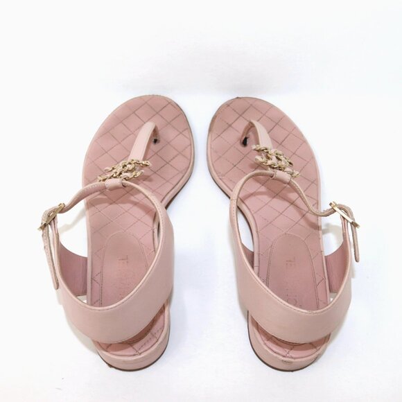 Chanel Quilted Logo 38 Baby Pink Flat T Strap Sandals Chain CC Logo - Picture 5 of 12